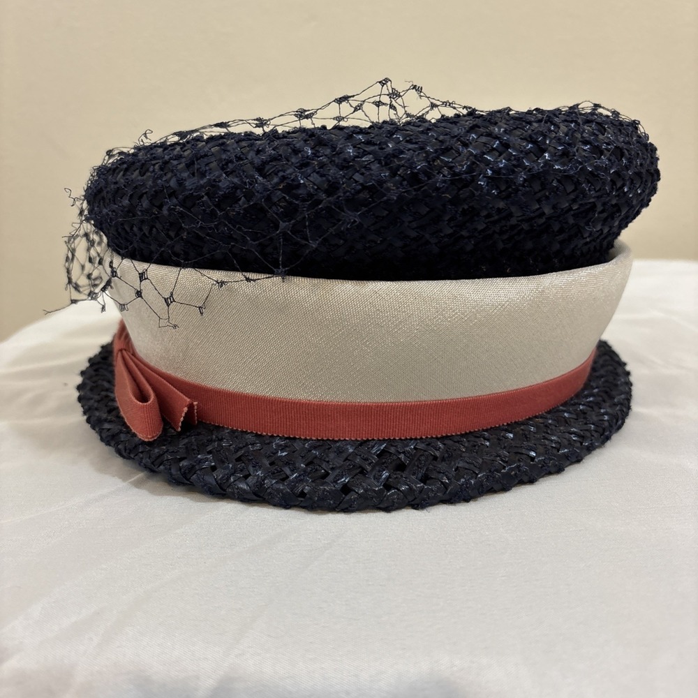 Jean Sutton Vintage Women's Hat Woven Ribbon Bow Brim Navy Blue Union Made USA